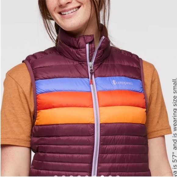 Cotopaxi Women’s 1X Fuego Down Insulated Puff Vest Wine Stripes Maroon NWT - Picture 9 of 12